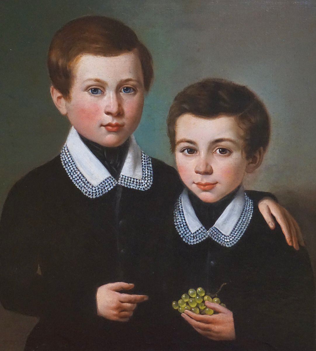DEUX FRÈRES À LA GRAPPE DE RAISIN / CIRCA 1840 / huile sur toile