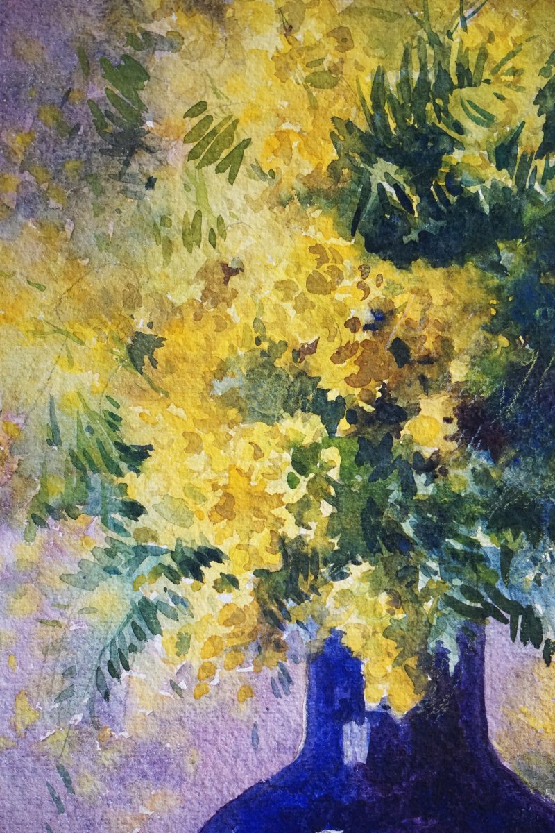 ÉCOLE DE MUROL-AUVERGNE / ADOLPHE REY (1863-1944)  / BOUQUET DE MIMOSA AU VASE BLEU -photo-3