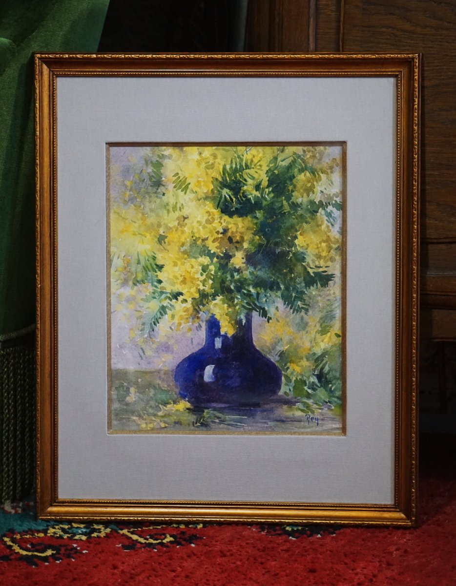 ÉCOLE DE MUROL-AUVERGNE / ADOLPHE REY (1863-1944)  / BOUQUET DE MIMOSA AU VASE BLEU -photo-4