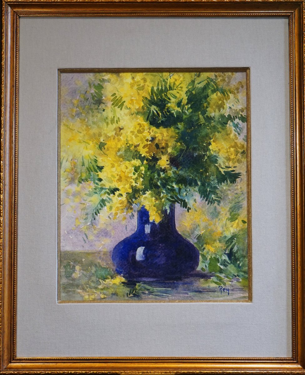 ÉCOLE DE MUROL-AUVERGNE / ADOLPHE REY (1863-1944)  / BOUQUET DE MIMOSA AU VASE BLEU -photo-2