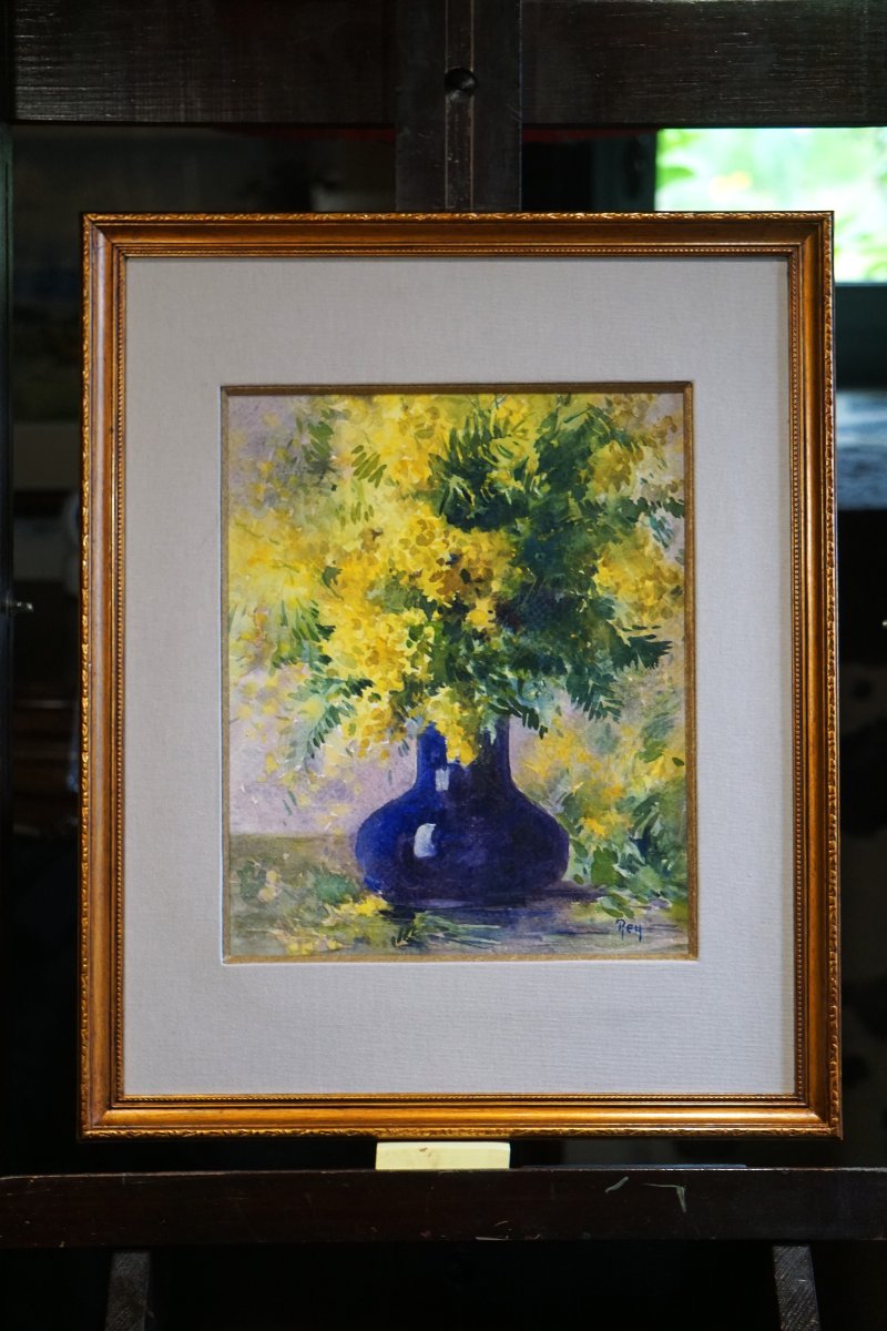 ÉCOLE DE MUROL-AUVERGNE / ADOLPHE REY (1863-1944)  / BOUQUET DE MIMOSA AU VASE BLEU -photo-3
