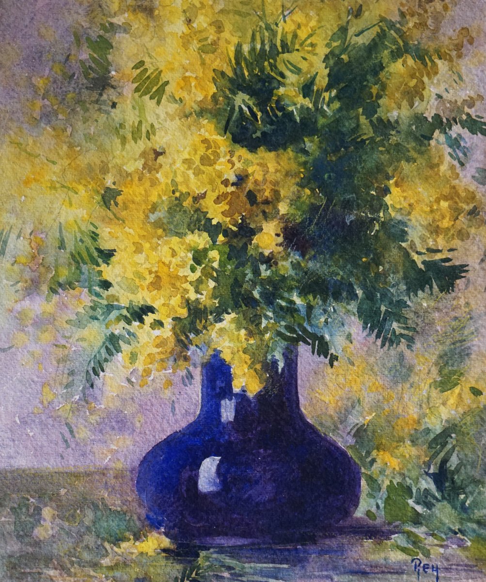 ÉCOLE DE MUROL-AUVERGNE / ADOLPHE REY (1863-1944)  / BOUQUET DE MIMOSA AU VASE BLEU 