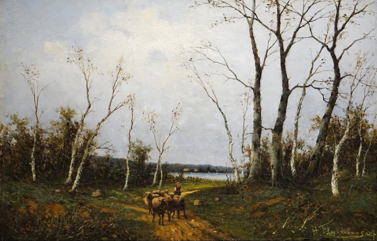 Heinz Flockenhauss (1856–1919) – The Herd Returns To The Lakeshore / Düsseldorf School-photo-2