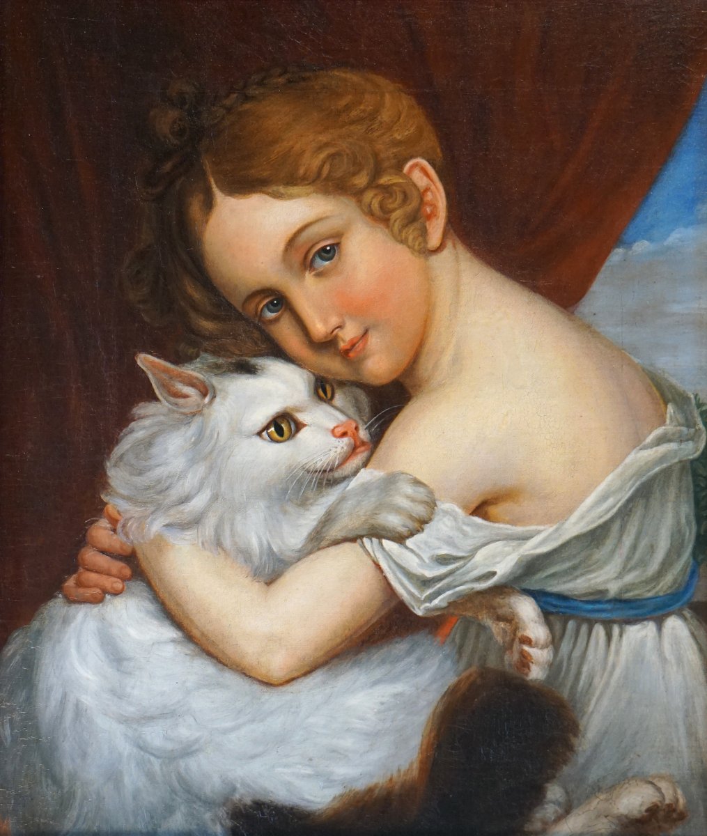 Portrait Of A Young Girl With A White Cat / 19th Century / French School / Hst-photo-2