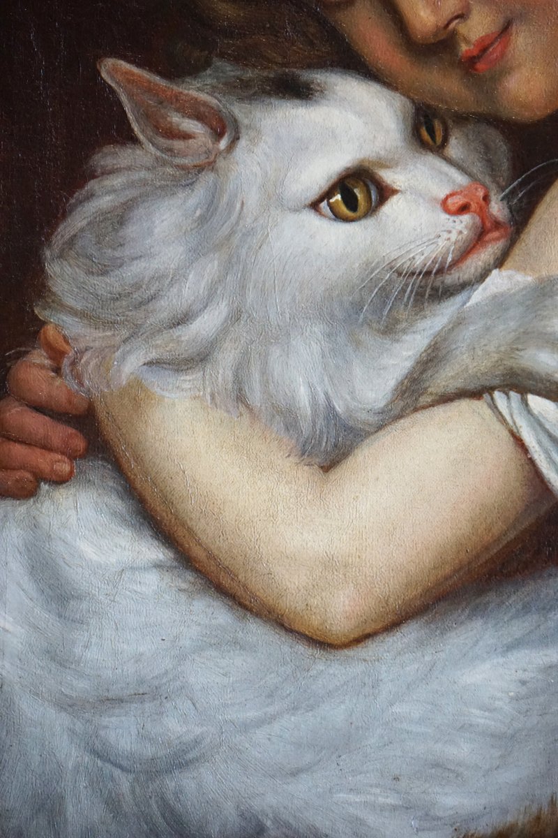 Portrait Of A Young Girl With A White Cat / 19th Century / French School / Hst-photo-1