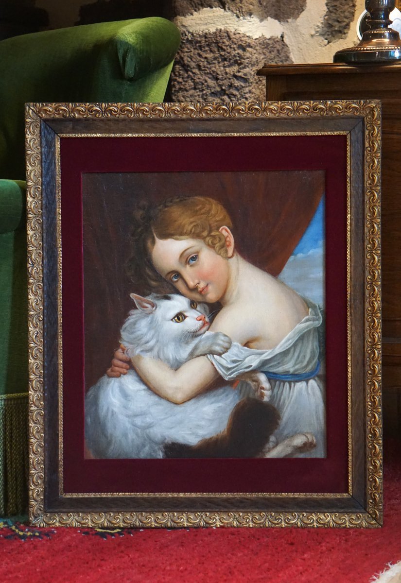 Portrait Of A Young Girl With A White Cat / 19th Century / French School / Hst-photo-6