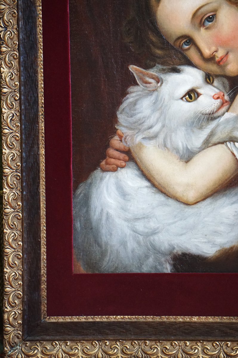 Portrait Of A Young Girl With A White Cat / 19th Century / French School / Hst-photo-7
