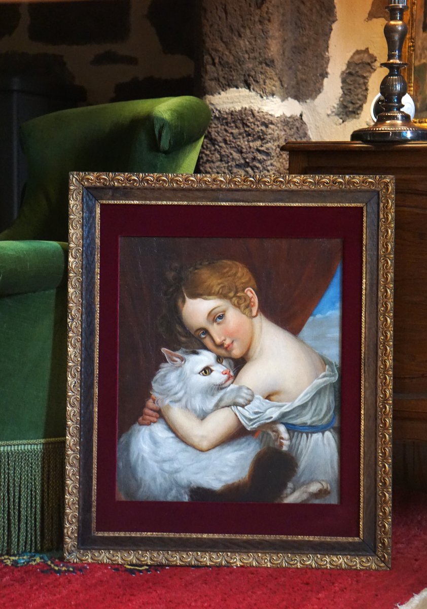 Portrait Of A Young Girl With A White Cat / 19th Century / French School / Hst-photo-8