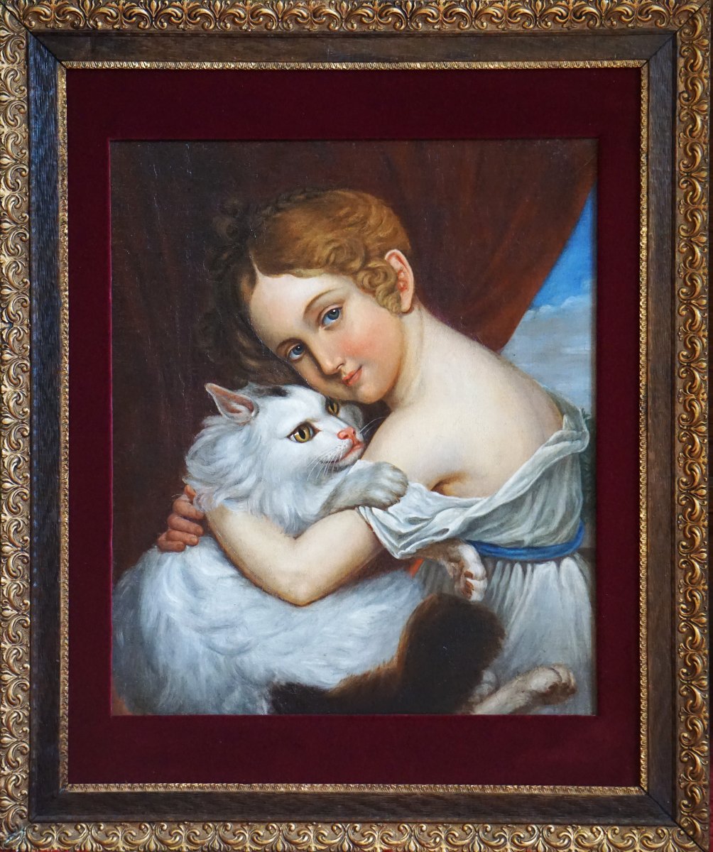 Portrait Of A Young Girl With A White Cat / 19th Century / French School / Hst