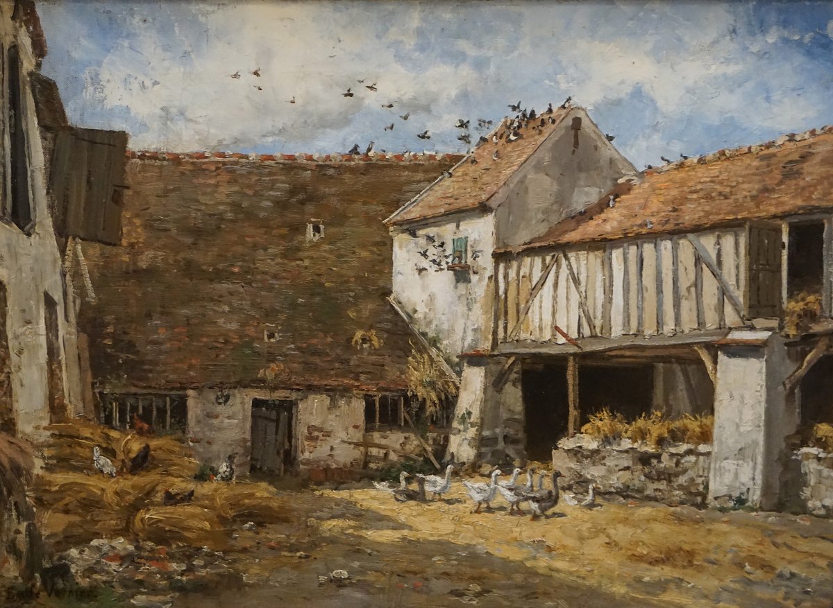 ÉMILE VERNIER (1829-1887) – COUR DE FERME EN NORMANDIE vers 1870 / hst /-photo-2