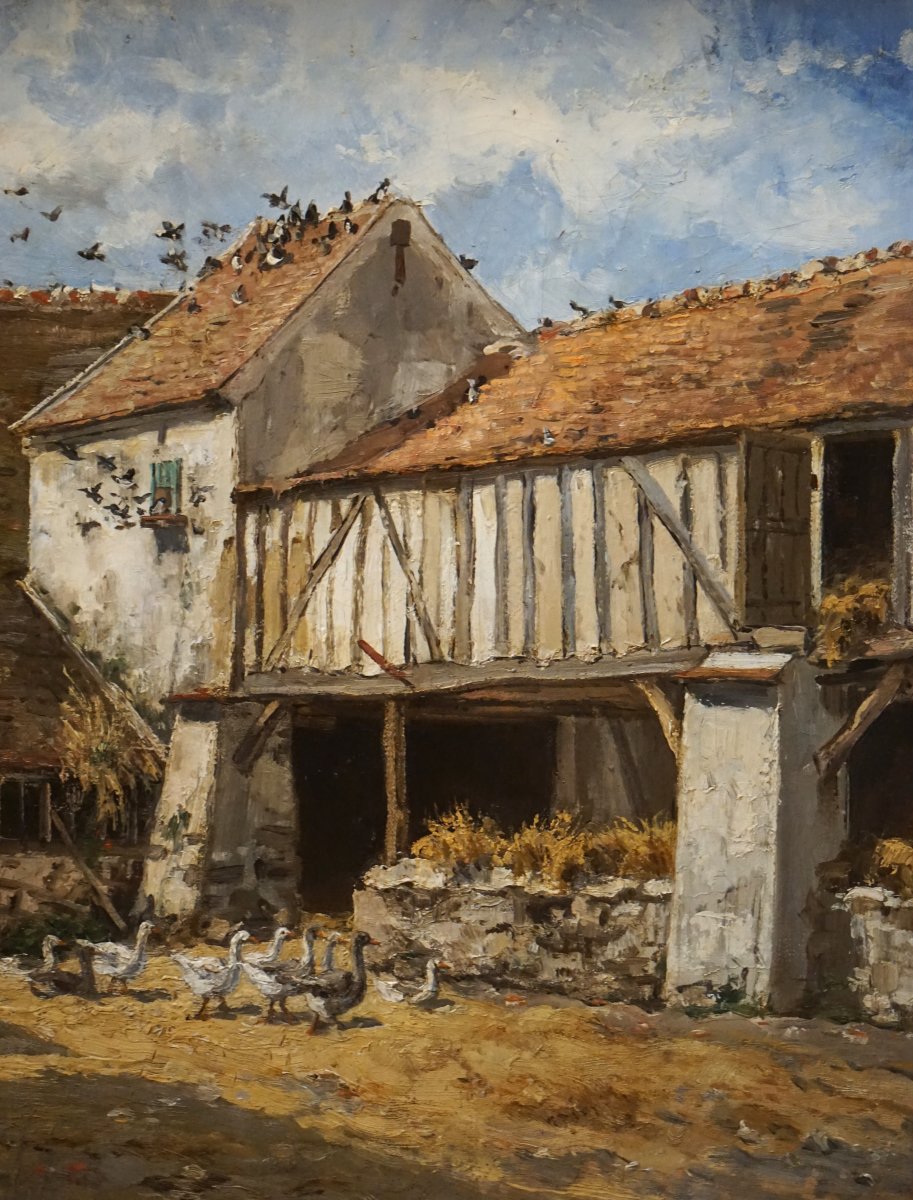 ÉMILE VERNIER (1829-1887) – COUR DE FERME EN NORMANDIE vers 1870 / hst /-photo-3