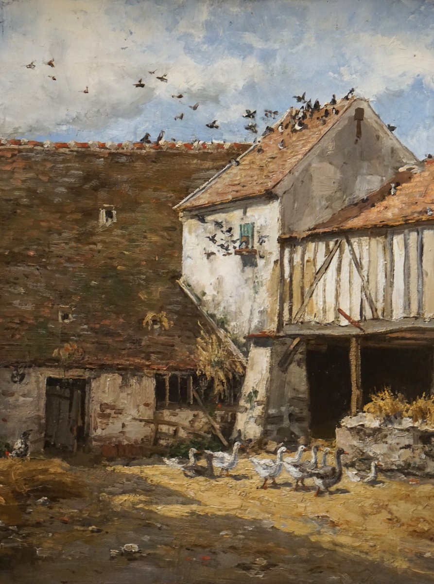 ÉMILE VERNIER (1829-1887) – COUR DE FERME EN NORMANDIE vers 1870 / hst /-photo-4