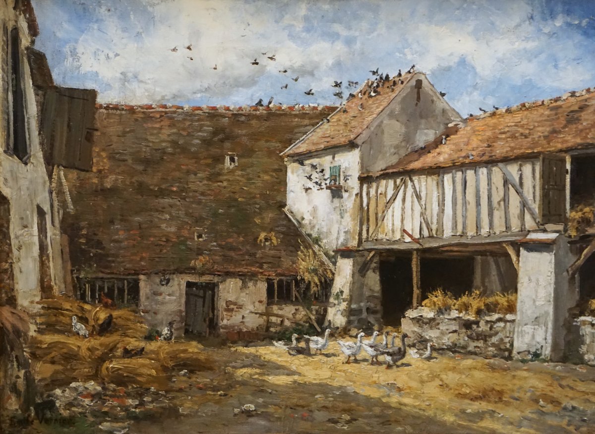 ÉMILE VERNIER (1829-1887) – COUR DE FERME EN NORMANDIE vers 1870 / hst /-photo-1