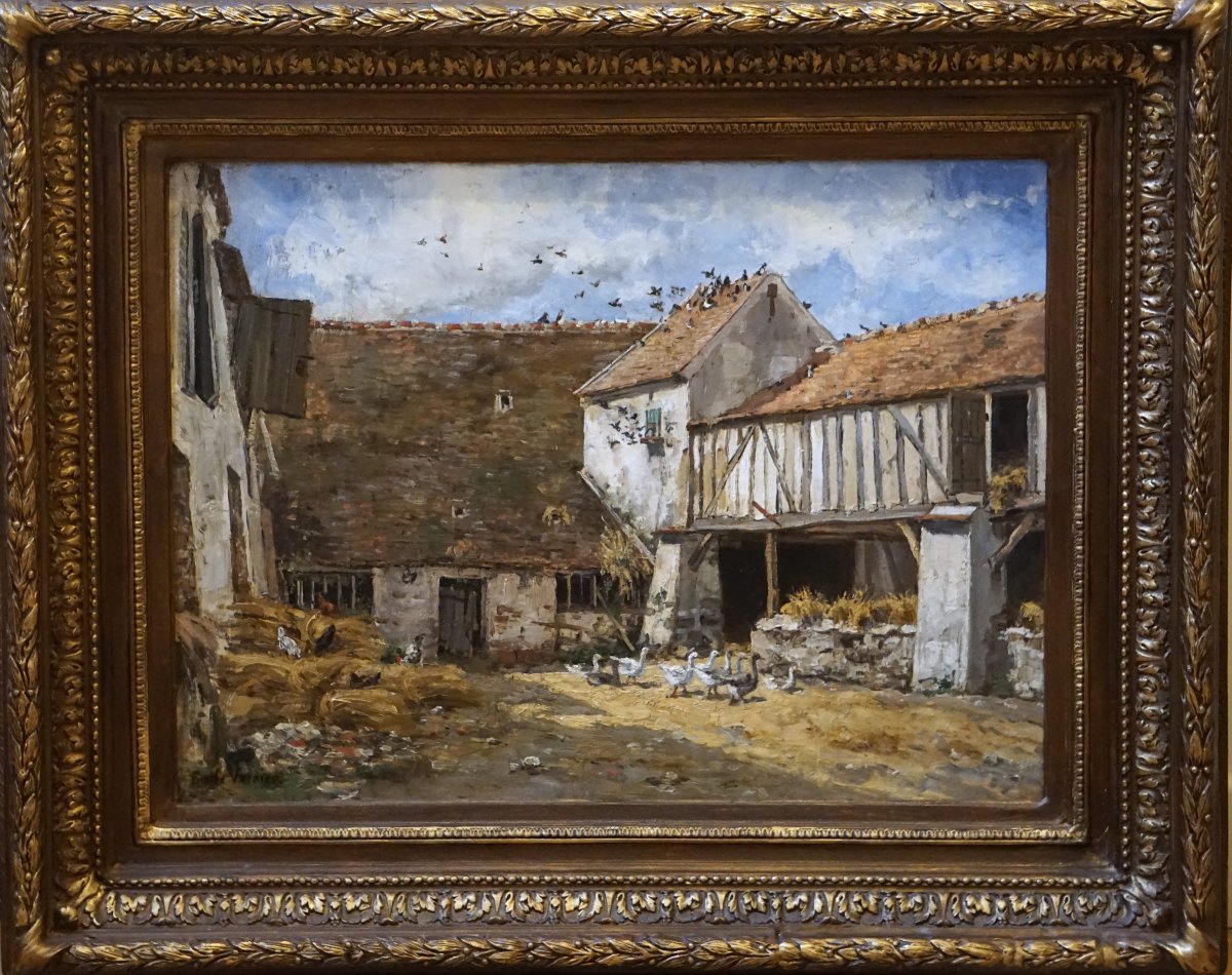 ÉMILE VERNIER (1829-1887) – COUR DE FERME EN NORMANDIE vers 1870 / hst /