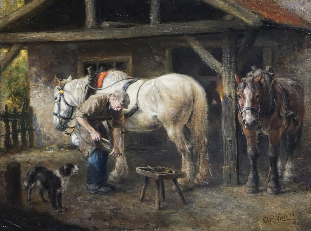 Dirk Meesters (1899–1950) /  The Farrer / Stable Interior With Horses, Circa 1940-photo-2