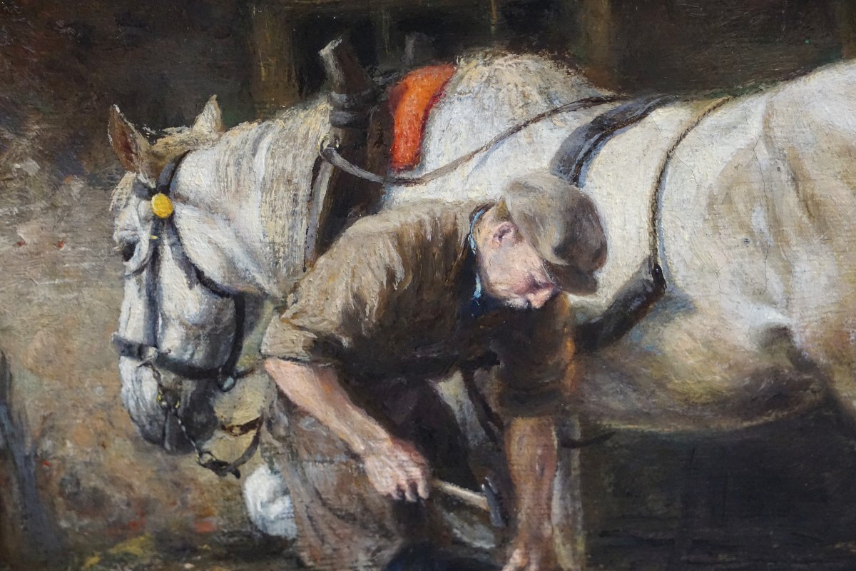 Dirk Meesters (1899–1950) /  The Farrer / Stable Interior With Horses, Circa 1940-photo-3