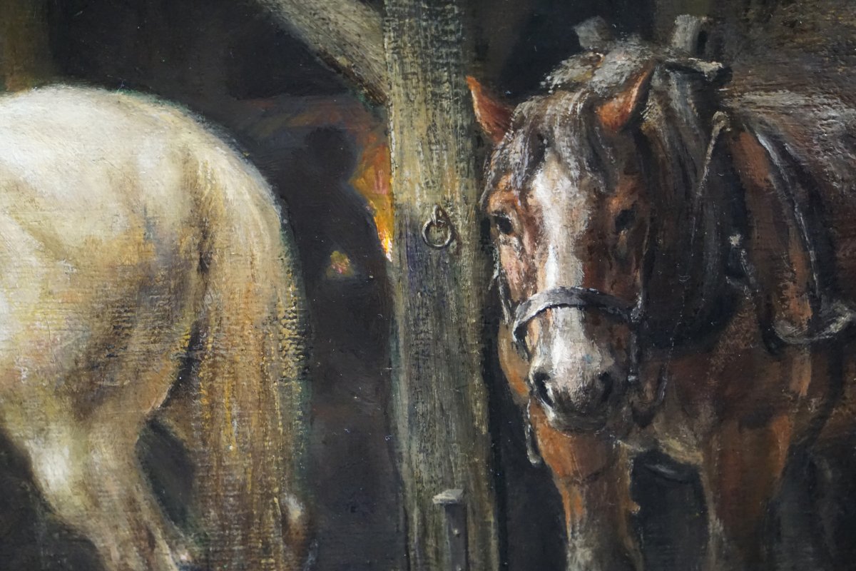 Dirk Meesters (1899–1950) /  The Farrer / Stable Interior With Horses, Circa 1940-photo-1
