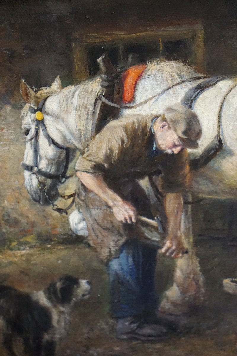 Dirk Meesters (1899–1950) /  The Farrer / Stable Interior With Horses, Circa 1940-photo-2