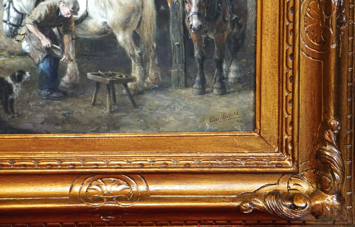 Dirk Meesters (1899–1950) /  The Farrer / Stable Interior With Horses, Circa 1940-photo-3
