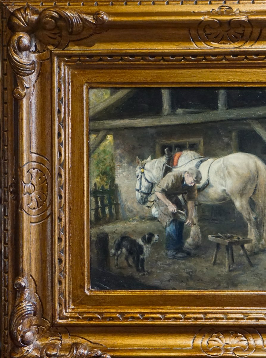 Dirk Meesters (1899–1950) /  The Farrer / Stable Interior With Horses, Circa 1940-photo-4