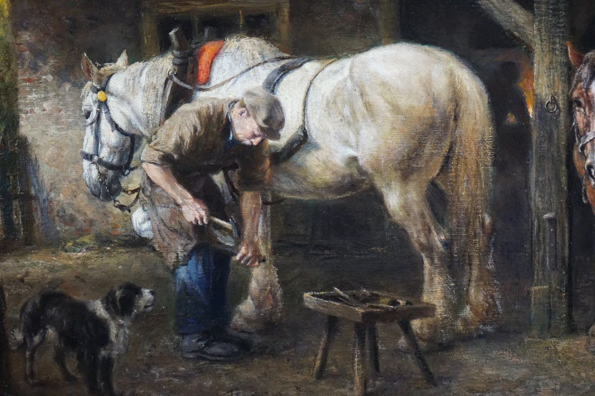 Dirk Meesters (1899–1950) /  The Farrer / Stable Interior With Horses, Circa 1940-photo-5