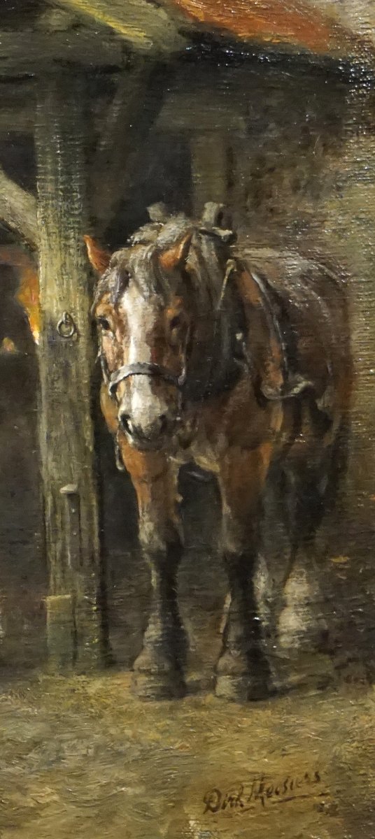 Dirk Meesters (1899–1950) /  The Farrer / Stable Interior With Horses, Circa 1940-photo-6