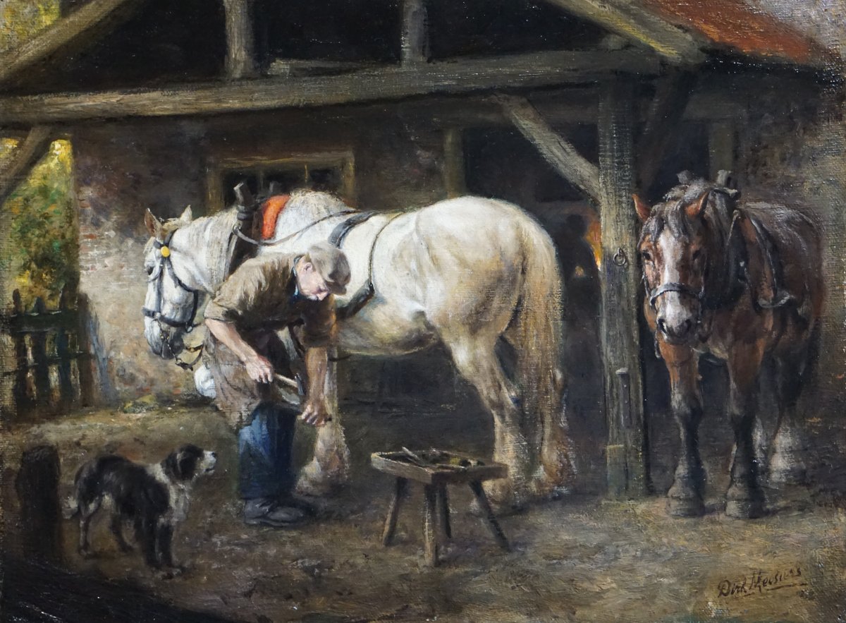 Dirk Meesters (1899–1950) /  The Farrer / Stable Interior With Horses, Circa 1940-photo-8