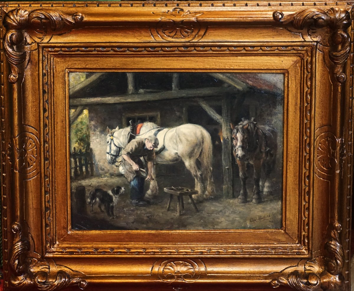 Dirk Meesters (1899–1950) /  The Farrer / Stable Interior With Horses, Circa 1940