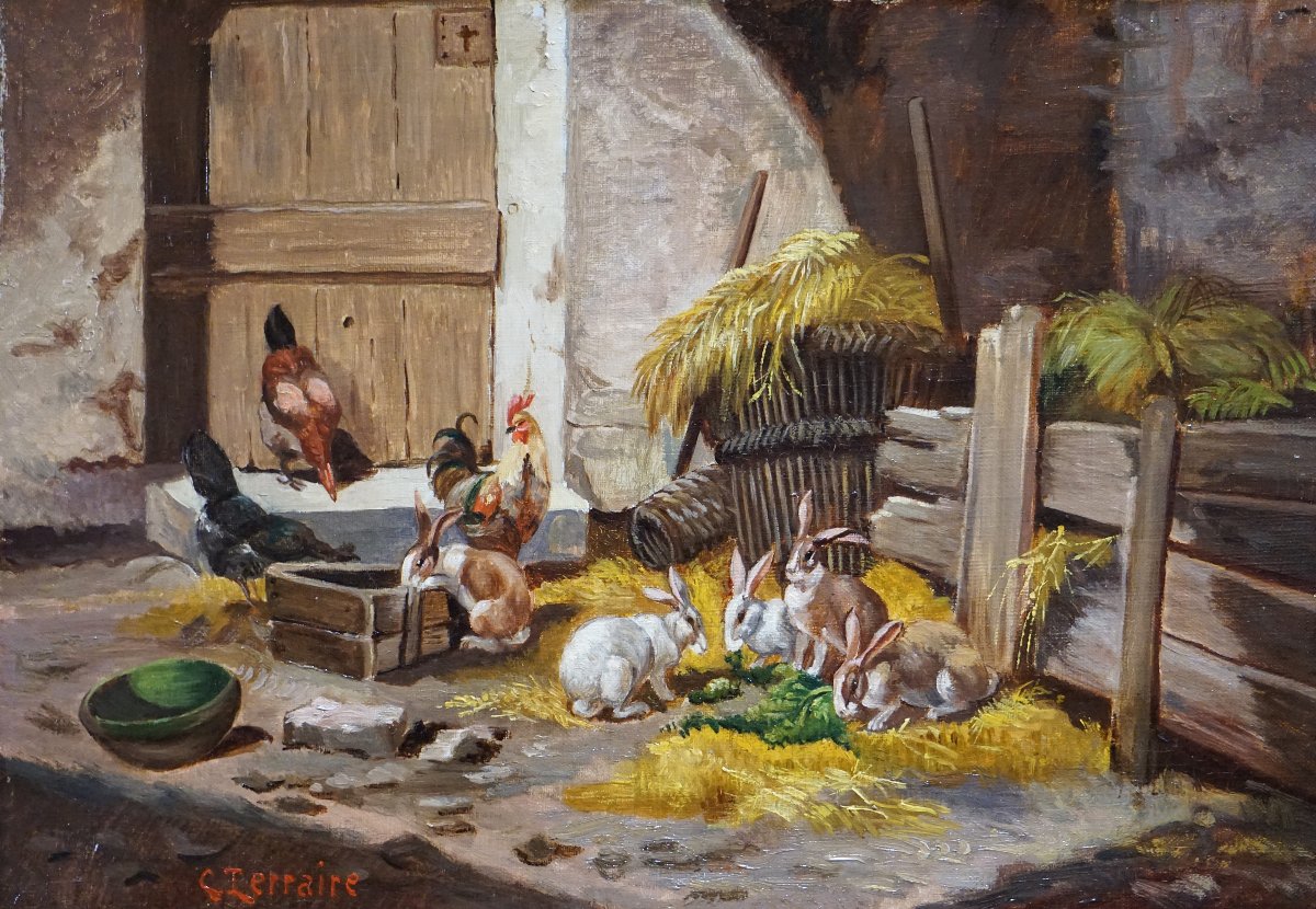 Clovis Frédérick Terraire (1858–1931) / The Backyard With Chickens And Rabbits /  Hst-photo-2