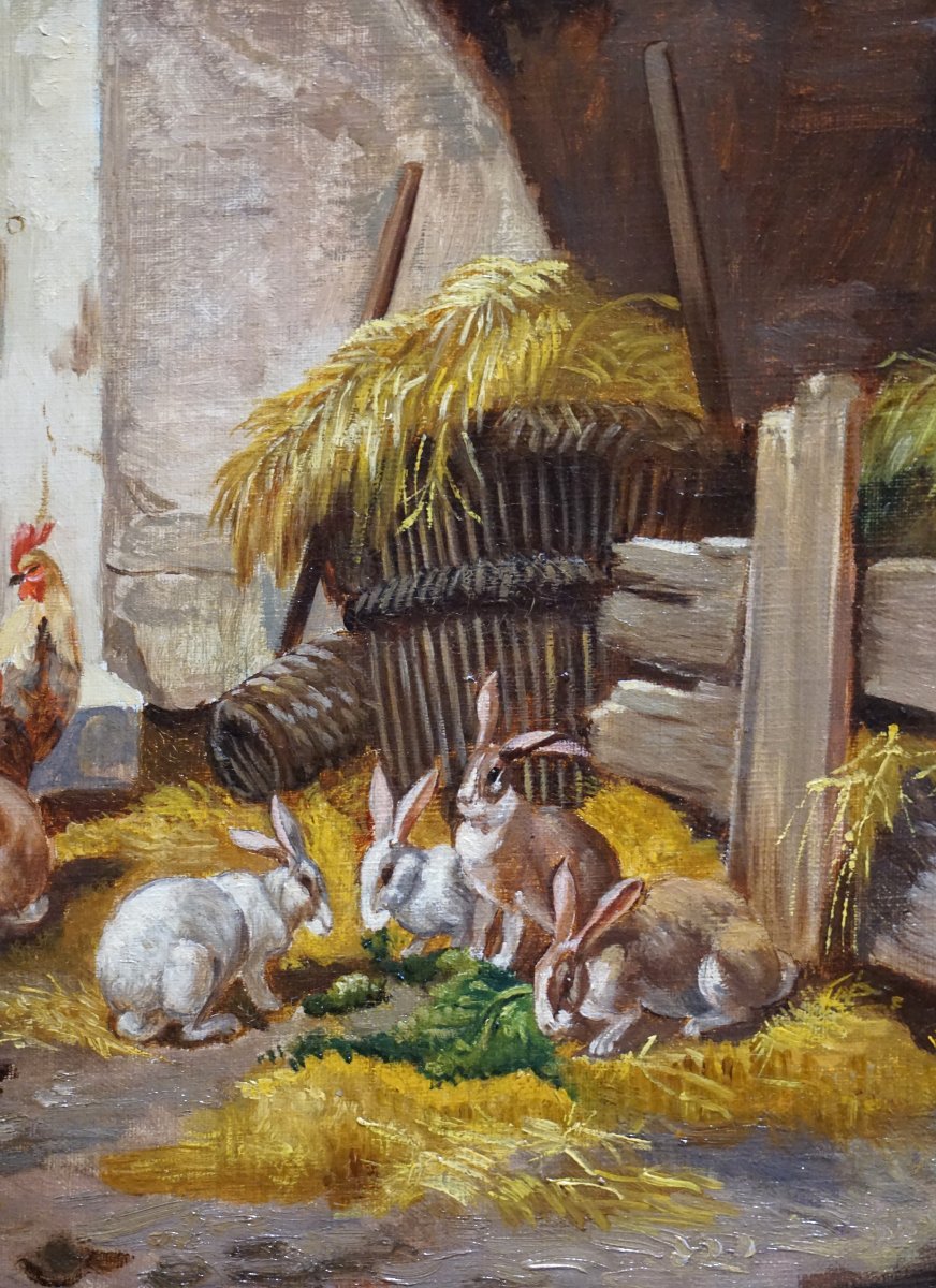 Clovis Frédérick Terraire (1858–1931) / The Backyard With Chickens And Rabbits /  Hst-photo-1