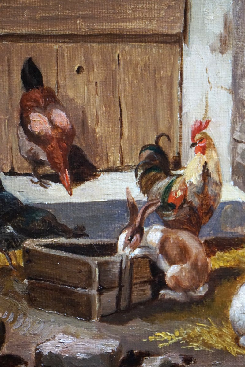 Clovis Frédérick Terraire (1858–1931) / The Backyard With Chickens And Rabbits /  Hst-photo-3