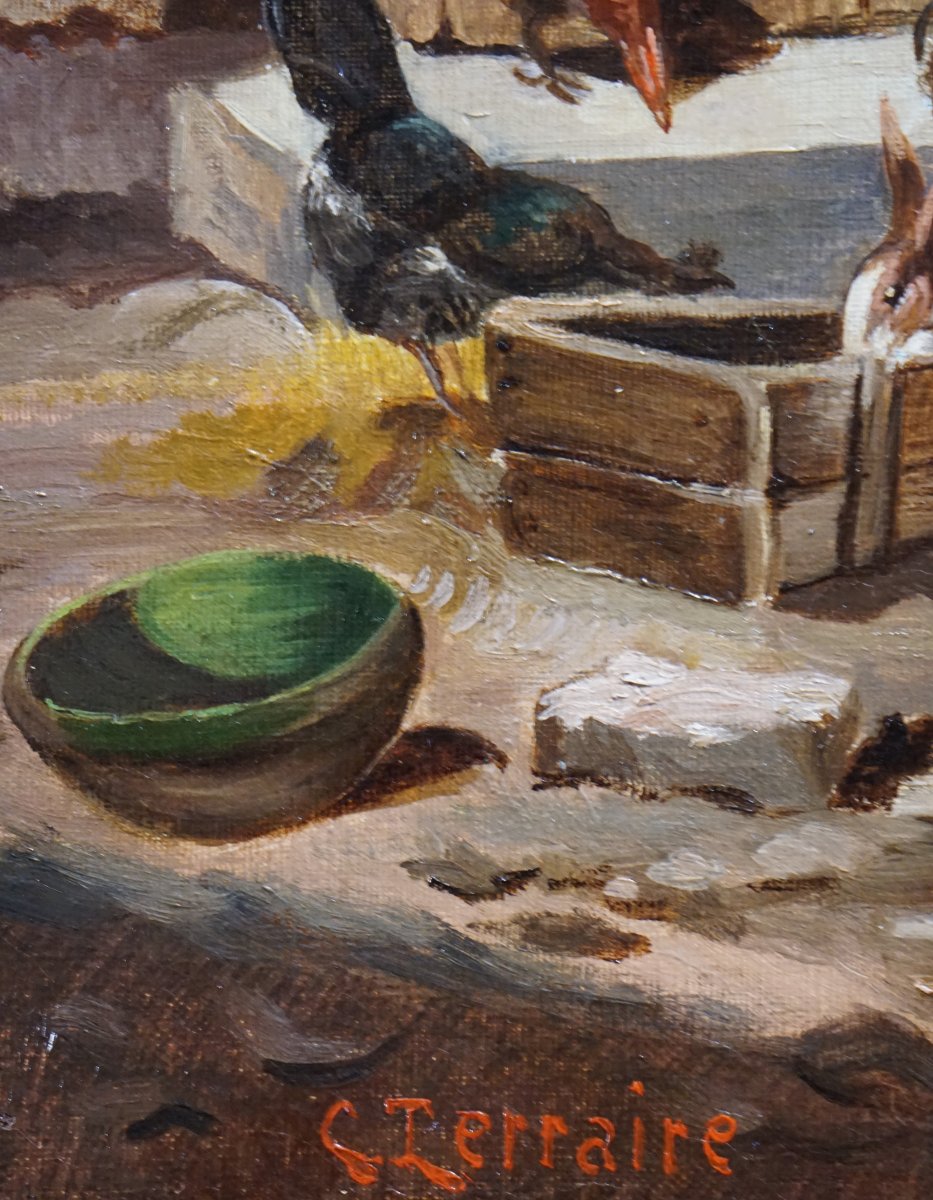Clovis Frédérick Terraire (1858–1931) / The Backyard With Chickens And Rabbits /  Hst-photo-4