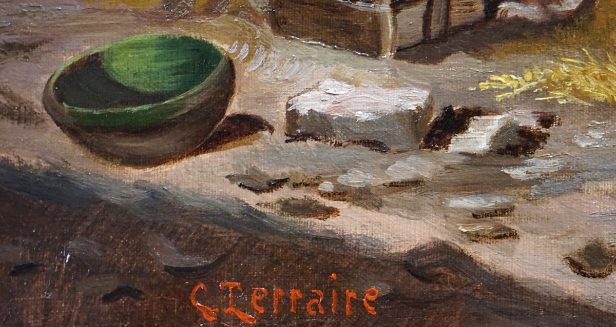 Clovis Frédérick Terraire (1858–1931) / The Backyard With Chickens And Rabbits /  Hst-photo-5