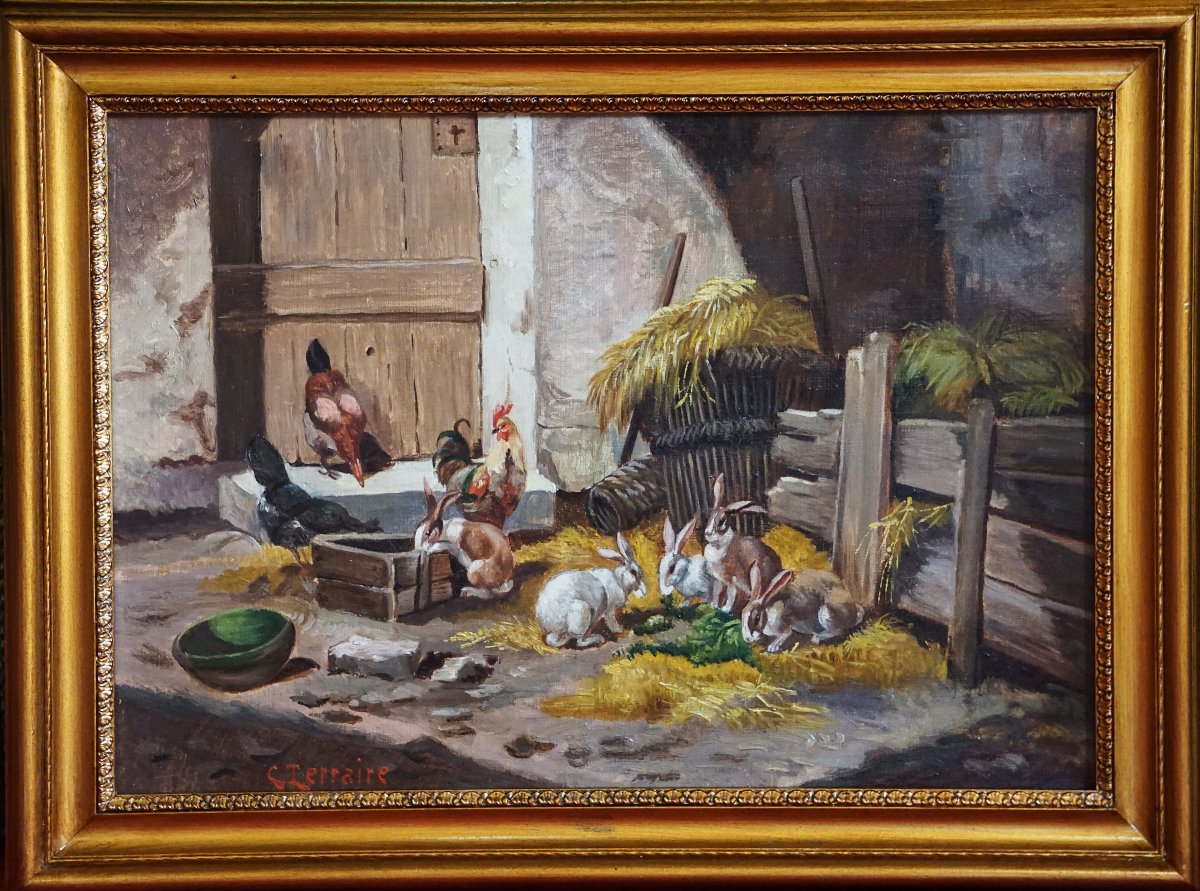 Clovis Frédérick Terraire (1858–1931) / The Backyard With Chickens And Rabbits /  Hst