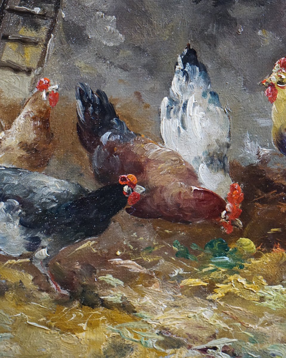 19th-century Belgian School / Hens In A Chicken Coop / Edmond Van Coppenolle (1843/1846–1915) / Hst-photo-4