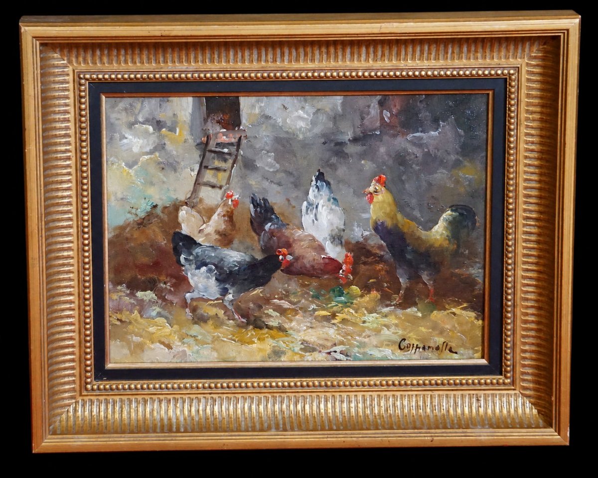19th-century Belgian School / Hens In A Chicken Coop / Edmond Van Coppenolle (1843/1846–1915) / Hst