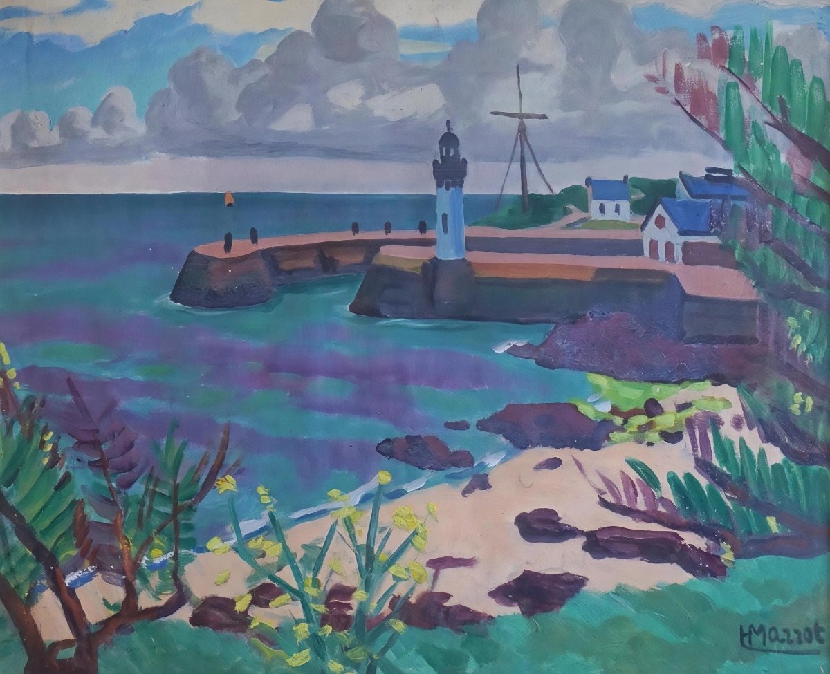 Brittany / Henry Marrot (1887–1964) / Breton Lighthouse And Port / Gouache -photo-2