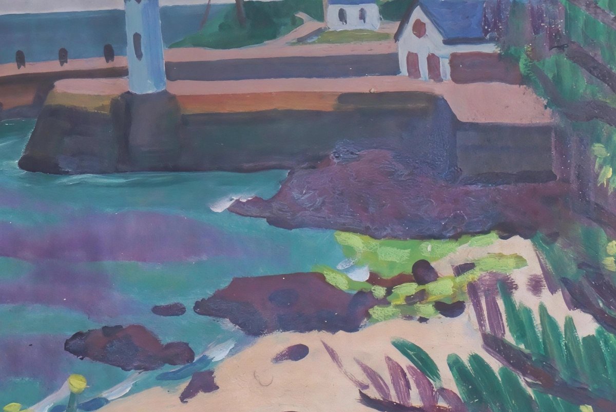 Brittany / Henry Marrot (1887–1964) / Breton Lighthouse And Port / Gouache -photo-1