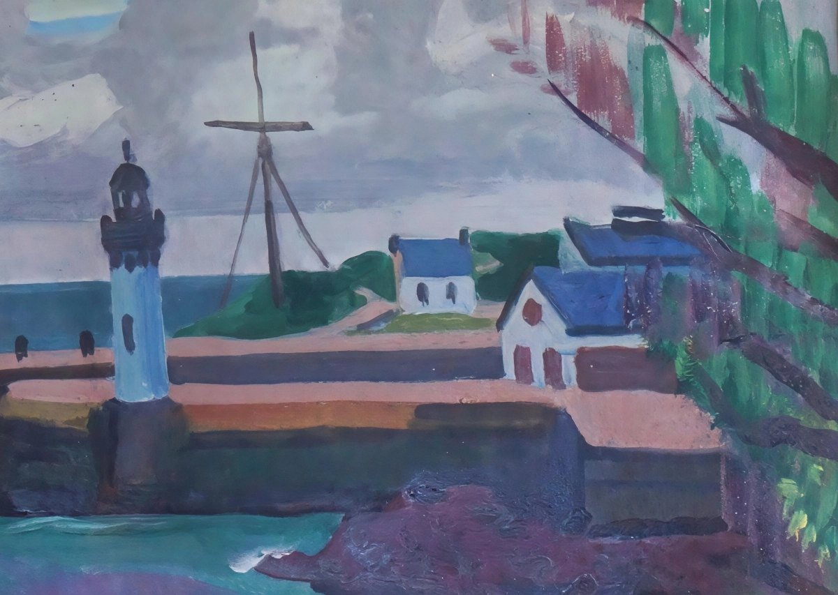 Brittany / Henry Marrot (1887–1964) / Breton Lighthouse And Port / Gouache -photo-2