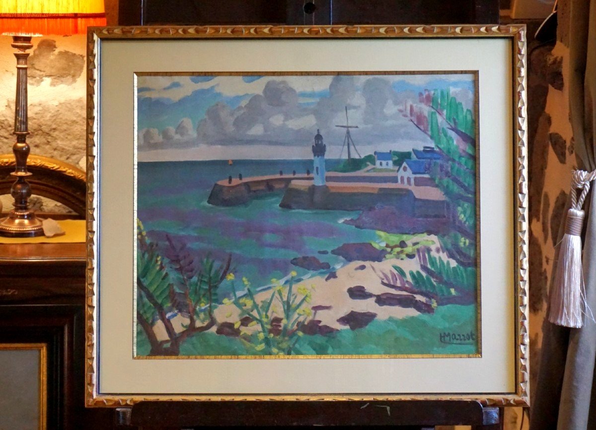 Brittany / Henry Marrot (1887–1964) / Breton Lighthouse And Port / Gouache -photo-3