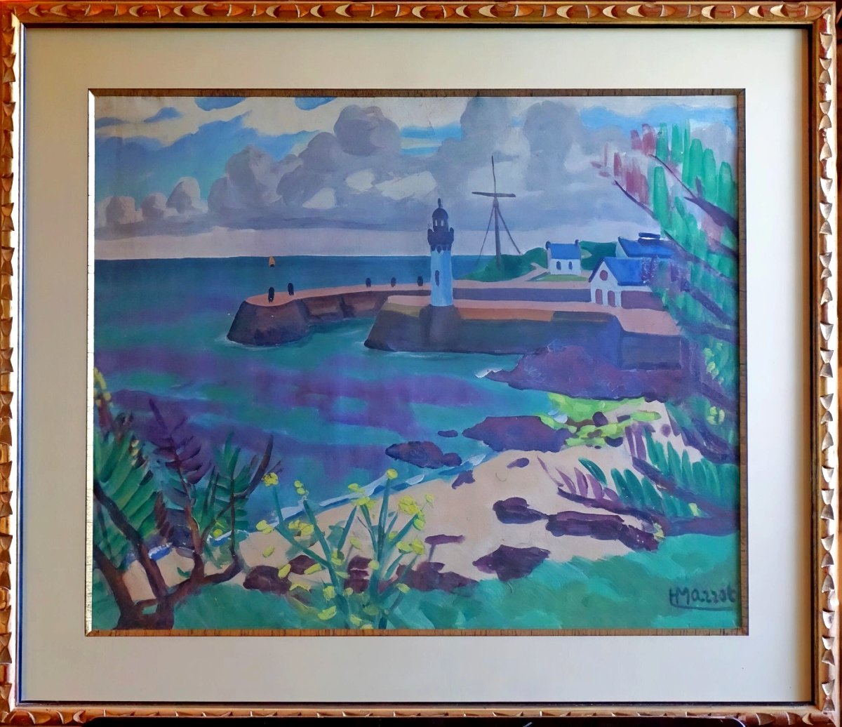 Brittany / Henry Marrot (1887–1964) / Breton Lighthouse And Port / Gouache 
