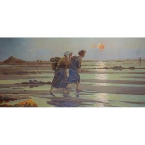 Breton School / The Mussels Gatherers / Oil On Canvas
