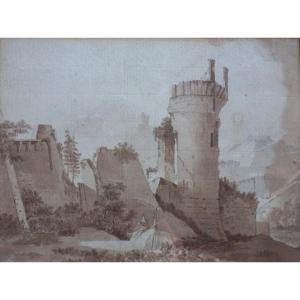 THOMAS-CHARLES NAUDET (attribué à) (1778-1810) / dessin / Paysage avec château en ruine 