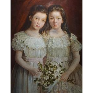 ÉCOLE FRANÇAISE / DEUX SŒURS AU BOUQUET DE FLEURS / vers 1880 / huile sur toile