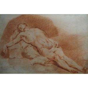 Dessin XVIII ème Siècle /  Académique d'Homme Nu Couché Sur Une Pierre / Sanguine 