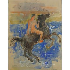 JEAN-YVES COMMÈRE (1920-1986) / Aquarelle / CHEVAL NOIR 