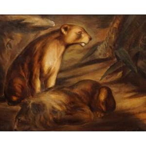 MAURICE MAZO (1901-1989) / Couple de lions / datée 1928 / huile sur toile 