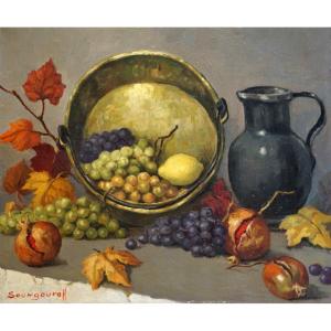 ANATOLA SOUNGOUROFF (1911-1982) /  NATURE MORTE AUX FRUITS D' AUTOMNE / huile sur toile