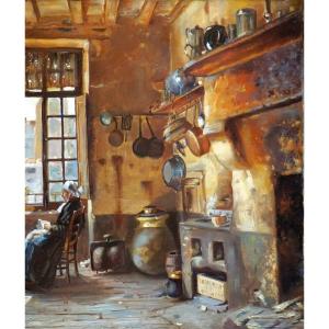 ÉCOLE BRETONNE / ANNÉE 1888 / CUISINE À SAINT MALO / huile sur toile