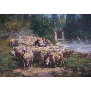 Léon Georges Calves (1848-1923) / Shepherds With Flock / Oil On Canvas